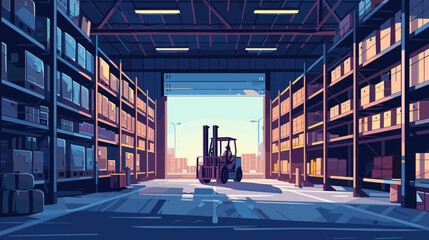 Stylized illustration of the interior of a warehouse and operated by a worker wearing a hard hat, which suggests a focus on safety within the work environment - obrazy, fototapety, plakaty