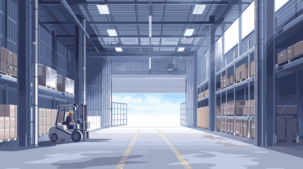 Stylized illustration of the interior of a warehouse and operated by a worker wearing a hard hat, which suggests a focus on safety within the work environment