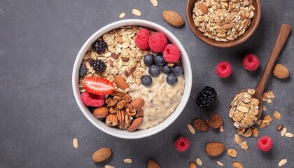 Obraz na płótnie Canvas granola, oatmeal, berries and nuts. top view