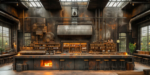 3d illustrated interior design idea for restaurant in industrial style.