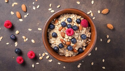 Obraz na płótnie Canvas granola, oatmeal, berries and nuts. top view