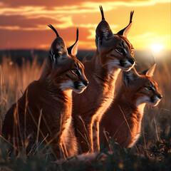 Caracal family in the savanna with setting sun shining. Group of wild animals in nature.