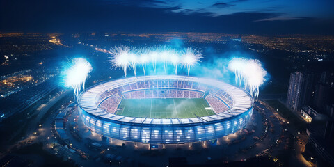 A large modern football stadium with fireworks.