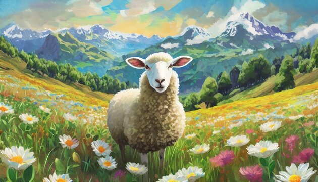 oil painting style illustration, sheep on mountain hill flower field ,cute and adorable wild
