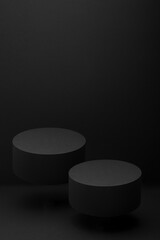 Two black round podiums levitate, set, mockup on black background, shadow. Template for...
