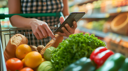 Gros plan sur une femme en train de faire ses courses au rayon fruits et légumes avec son portable.