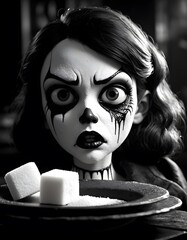 With a haunting stare, a mime examines sugar cubes, her face painted in stark black and white, conveying a silent, unsettling story. The shadows cast a moody ambiance, highlighting the dramatic makeup