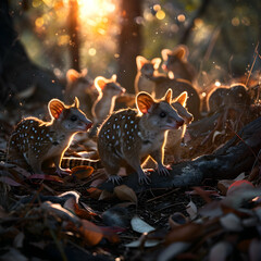 Obraz premium Quoll family in the forest with setting sun shining. Group of wild animals in nature.