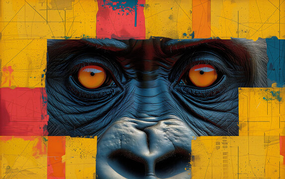 Creative animale picture of gorilla face and eyes closeup on yellow-orange African ethno styled background.