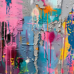 A close-up of a weathered wall textured with colorful paint drippings, smudges, and abstract graffiti elements.