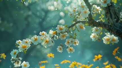 Fototapeta na wymiar Springtime with Flowers with Tree and Flowers in the Style of Light Emerald and Yellow with Soft Focus Storybook like Rendering Background created with Generative AI Technology