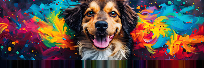 Portrait of funny smiling, colorful dog with color painting around, animal concept