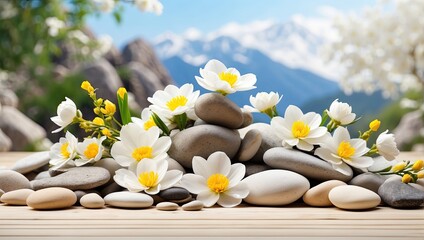 Fototapeta na wymiar Rocks, Flowers, and Tranquil Backgrounds
