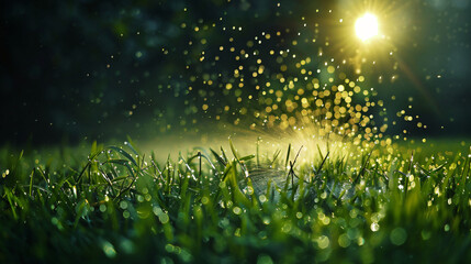 Lawn sprinkler spraying water over green grass - obrazy, fototapety, plakaty