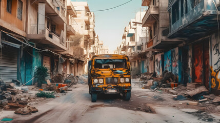 Fototapeta premium an empty street with a rubbled area and trucks on the street