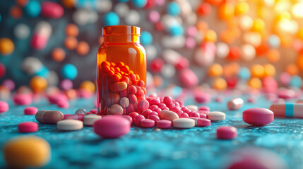 Industry of production of medicines. A lot of colourful pills and tablets.