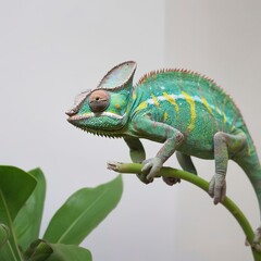 Cute chameleon on plant at home
