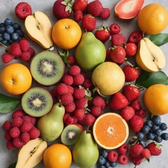 Naklejka na ściany i meble Fresh fruits arrangement flat lay