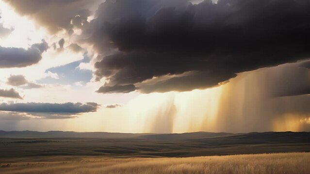A dramatic shot of a backlit storm brewing over a vast open landscape.
