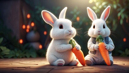 A Charming Digital Painting of a Baby and a White Rabbit