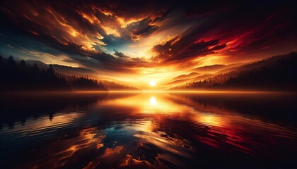 a sunset scene over a lake, with the sun casting a golden hue over the water wallpaper background landscape
