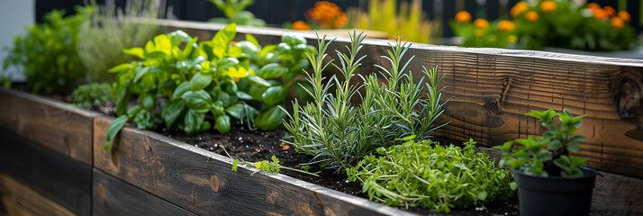 A close-up of a wooden garden bed filled with a variety of fresh herbs and spice - obrazy, fototapety, plakaty