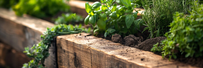 A close-up of a wooden garden bed filled with a variety of fresh herbs and spice - obrazy, fototapety, plakaty