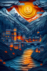 Paper cut out art style landscape of beautiful town in mountain gorges with boat on river.