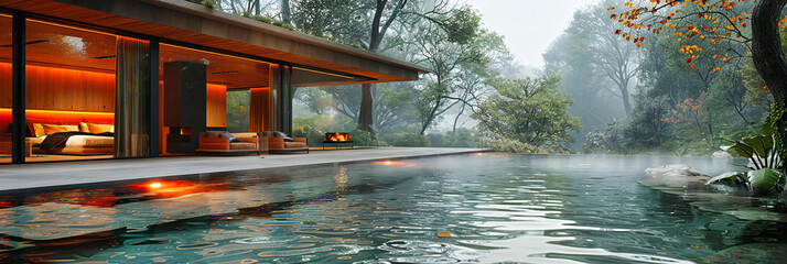 A luxury poolside oasis, where nature and relaxation blend seamlessly in a tranquil, green summer retreat