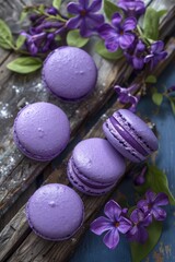Obraz na płótnie Canvas Violet macarons with purple flowers on a rustic wooden background