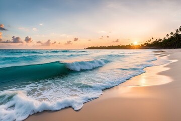 Beach with a wave coming in to the shore, which shows a beach at sunset