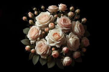 Beautiful pink flowers roses on black background, light pink bouquet, dark background, valentines day, universal card.