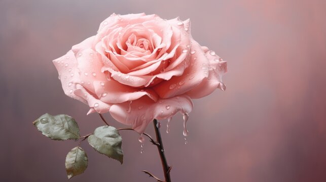 Single pink rose with water droplets on petals against a soft-focus background