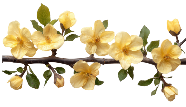 Branches and yellow spring flowers on white background. Concept of spring and Easter beauty