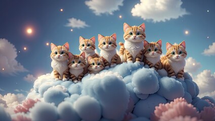 Adorable 3D Rendered Cartoon Cats in Colorful Digital Painting - obrazy, fototapety, plakaty