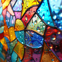 A close-up of raindrops hitting a colorful stained glass window, creating a kaleidoscope of refracted light and water droplets. 