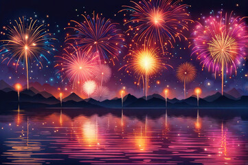 Fireworks at Pattaya City, Chonburi, Thailand. - obrazy, fototapety, plakaty