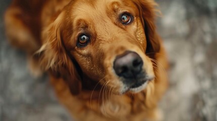 Close-up portrait of a golden retriever looking upwards with a blurred background.