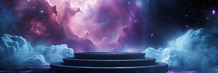 A cosmic-themed podium with stars and galaxies, creating a dreamy and otherworldly setting for fantasy or celestial-themed presentations