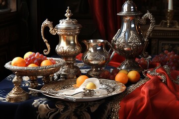 Naklejka premium Tea and fruits served in a vintage tea set on a gray textured table