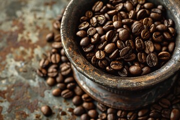 Fototapeta premium Aromatic whispers rise from a fresh brew nestled amid a trove of coffee beans
