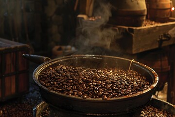 Aromatic whispers rise from a fresh brew nestled amid a trove of coffee beans