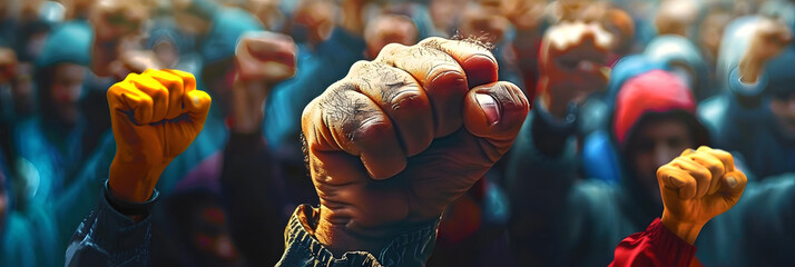 Fist protest hand activist people social fight crowd civil women march strike rebellion black. - obrazy, fototapety, plakaty
