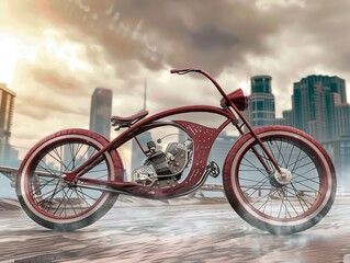 Custom Bicycle Builds - A custom-built bicycle against an urban backdrop, highlighting the culture of cycling enthusiasts. 