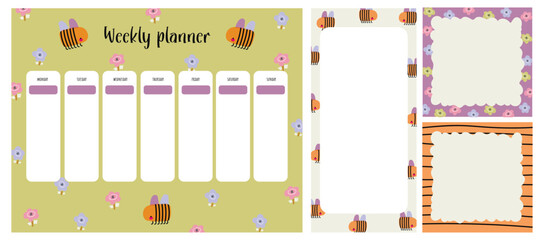 Set of magic weekly journals. Class schedule for children. Notes and to-do list. Memo pages with magic, bee, bright stripes, flowers, abstract elements.  Timetable design with flowers. Organizers