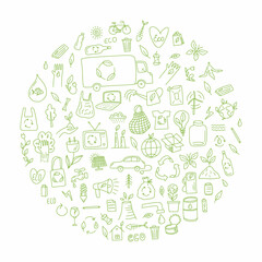Round vector illustration from a collection of environmental symbols of renewable energy sources and waste recycling, hand-drawn in the style of doodles