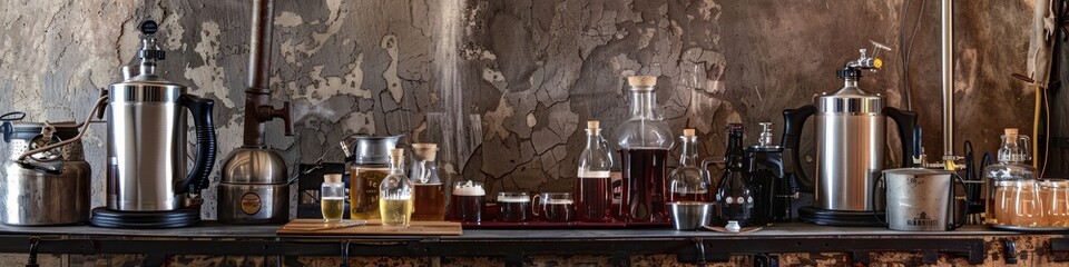 Homebrewing Craft Beer - A homebrew setup with brewing kettles and a selection of homemade beers, celebrating the hobby of brewing. 
