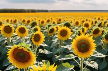 Beautiful view of a field of sunflowers close up