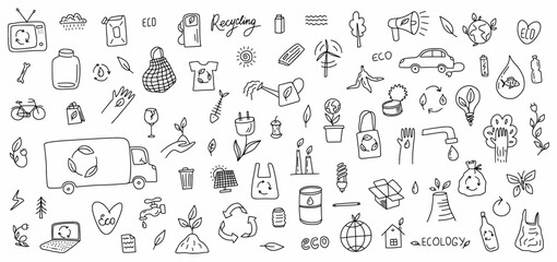 Vector collection of environmental symbols of renewable energy sources and waste recycling, hand-drawn in doodle style