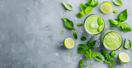 Fresh green smoothies in glass cups surrounded by slices of lime, mint leaves, and basil on a textured grey background, capturing a vibrant and healthy lifestyle. 